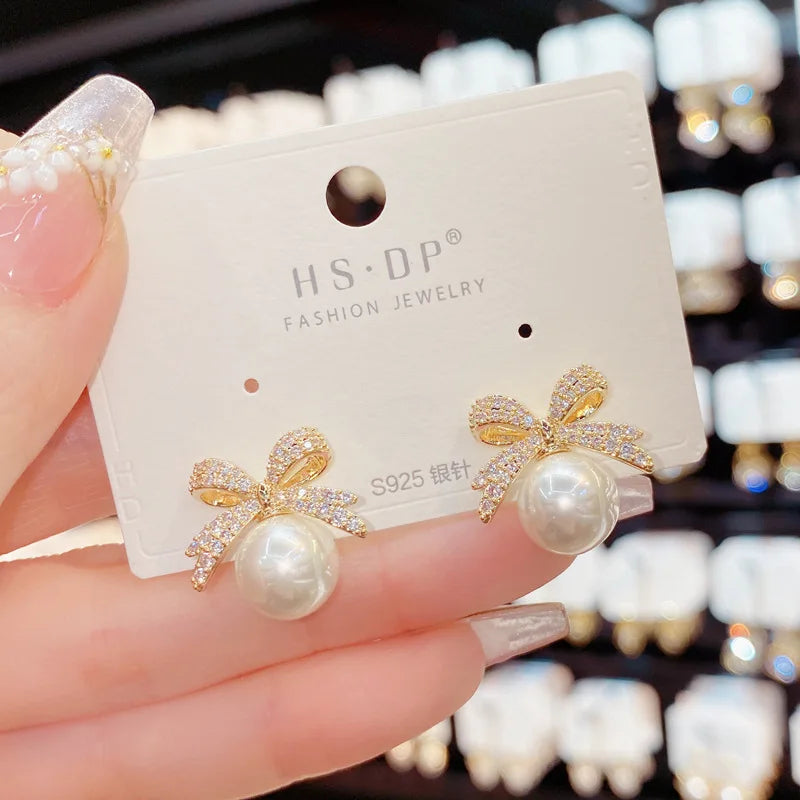 Sparkling Rhinestone Bow Pearl Stud Earrings Light Luxury Fashion Jewelry Women Gifts Wedding Birthday Pi-Mart