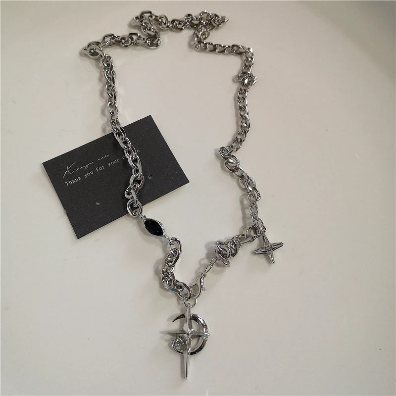 Punk Rock Black Heart Cross Pendant Chain Necklace For Men Women Cool Hip Hop Street Vintage 90s Y2K Grunge Goth Accessories Pi-Mart