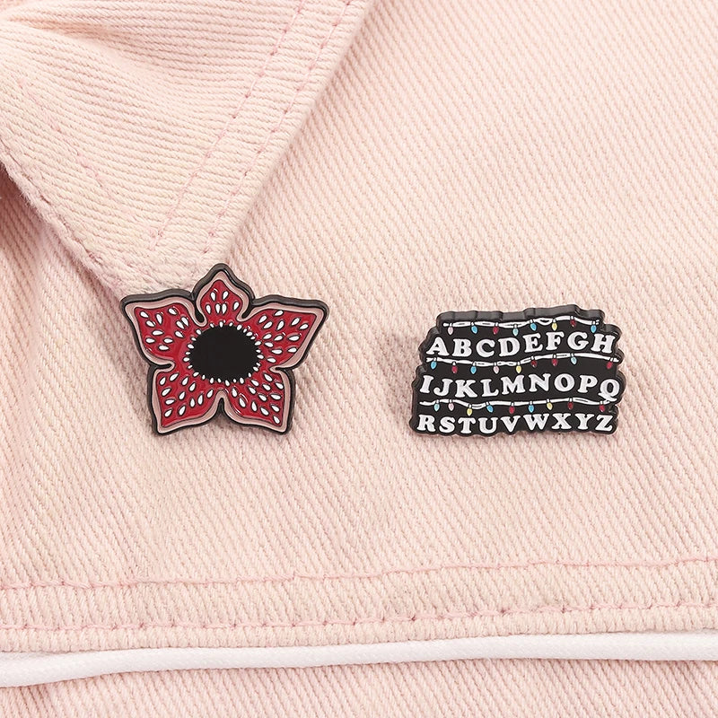 Sci-fi Horror Movies Brooch Enamel Pins Red Cannibal Flowers And 26 English Letter Brooches Backpack Lapel Badge Jewelry Gifts Pi-Mart
