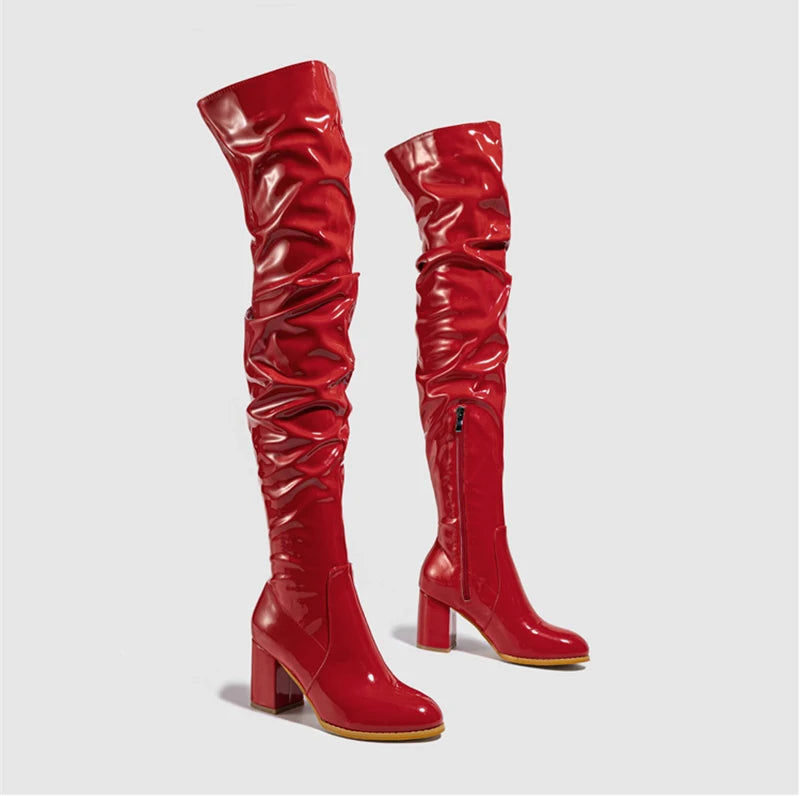 Hlieny 2026 Winter New Thigh High Boots Fashion Patent Leather Round Toe Zip Female Square Heels Pleated Design Women's Shoes Pi-Mart