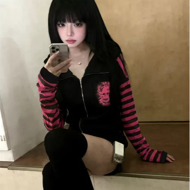 2026 Dark Pink Black Punk Skeleton Printed Striped Sleeve Hoodie Street Style Women's Zipper cardigan Wholesale LadyShow.Store