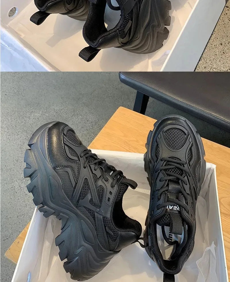 Women New Fashion Platform Sport Shoes Women 2024 New Summer Black Casual Chunky Sneakers Women Mesh Leather Platform Shoes Pi-Mart
