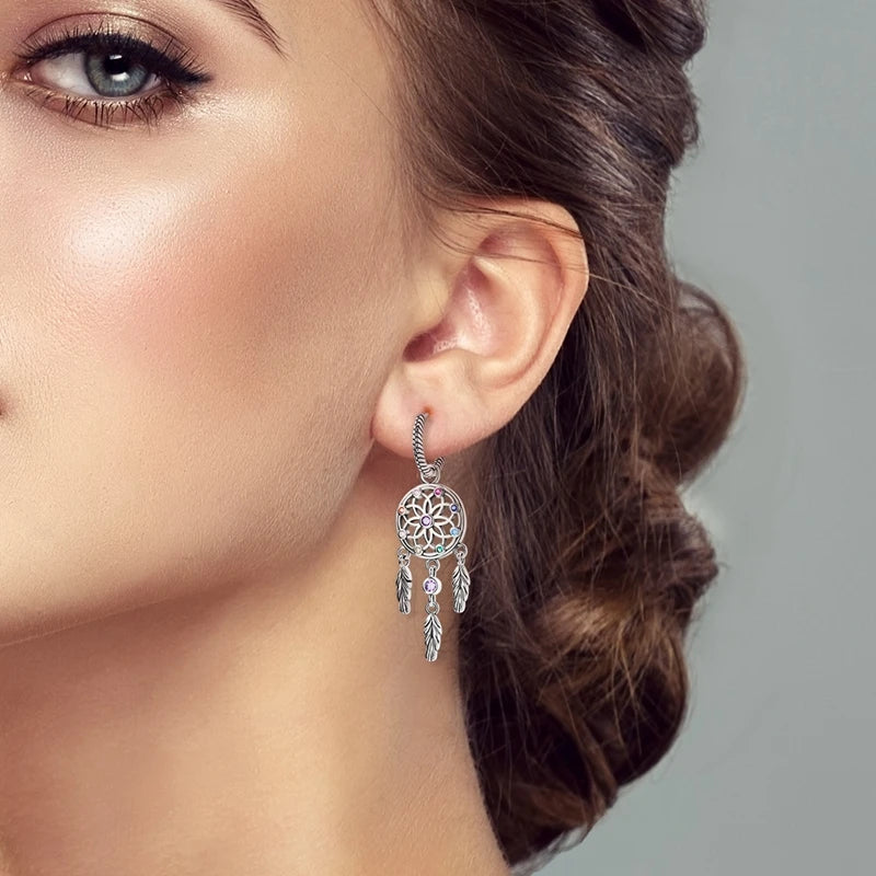Genuine 925 Sterling Silver Love Feather Earrings Fit Original Charms Hoop For Women Girls Stud Earring Fine Jewelry Gifts Pi-Mart
