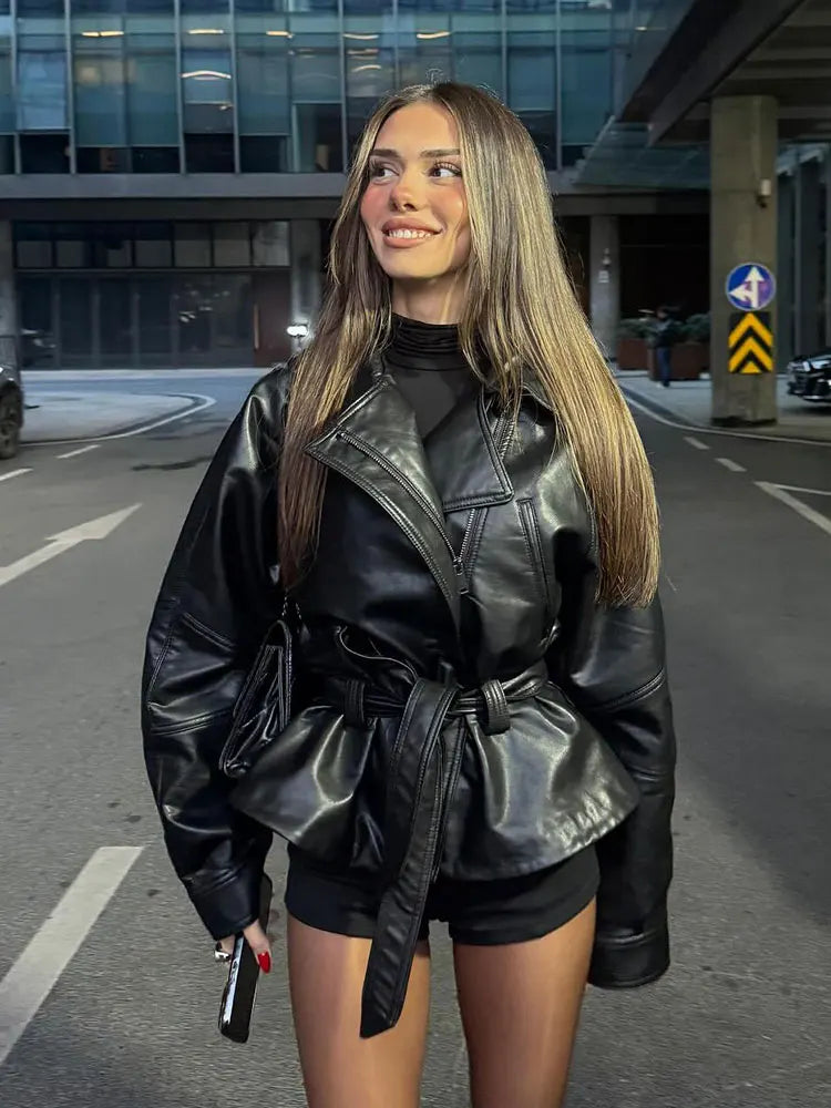 HH Women Fashion Black Short Faux Leather Trench Coat Long Sleeve Lapel Jacket With Belt Vintage Lady Motorcycle Jacket Outwear LadyShow.Store