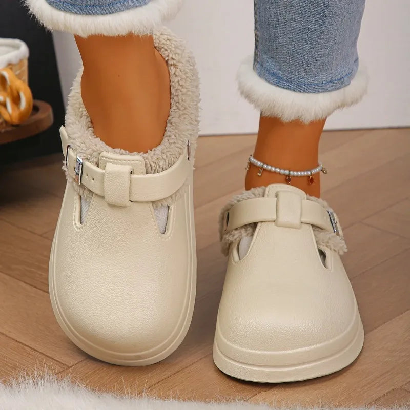 Waterproof Eva Furry Mules Slippers Women 2025 Winter Metal Buckle Warm Plush Slippers Soft Thick Bottom Non Slip Indoor Slides LadyShow.Store