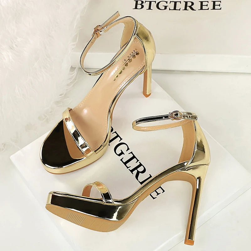 Luxury Women 11 Cm Heels Sandals Women Pumps Peep Toe High Heels Patent Leather Stiletto Lady Sandals Summer Shoes Platform Heel Pi-Mart