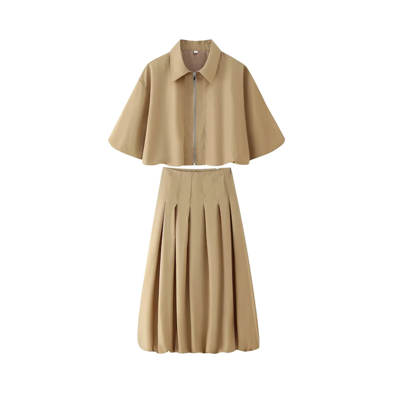 Women's Autumn New Short Zipper Jacket Short Sleeved Top High Waisted Pleated Lantern Flower Bud Half Skirt Set LadyShow.Store