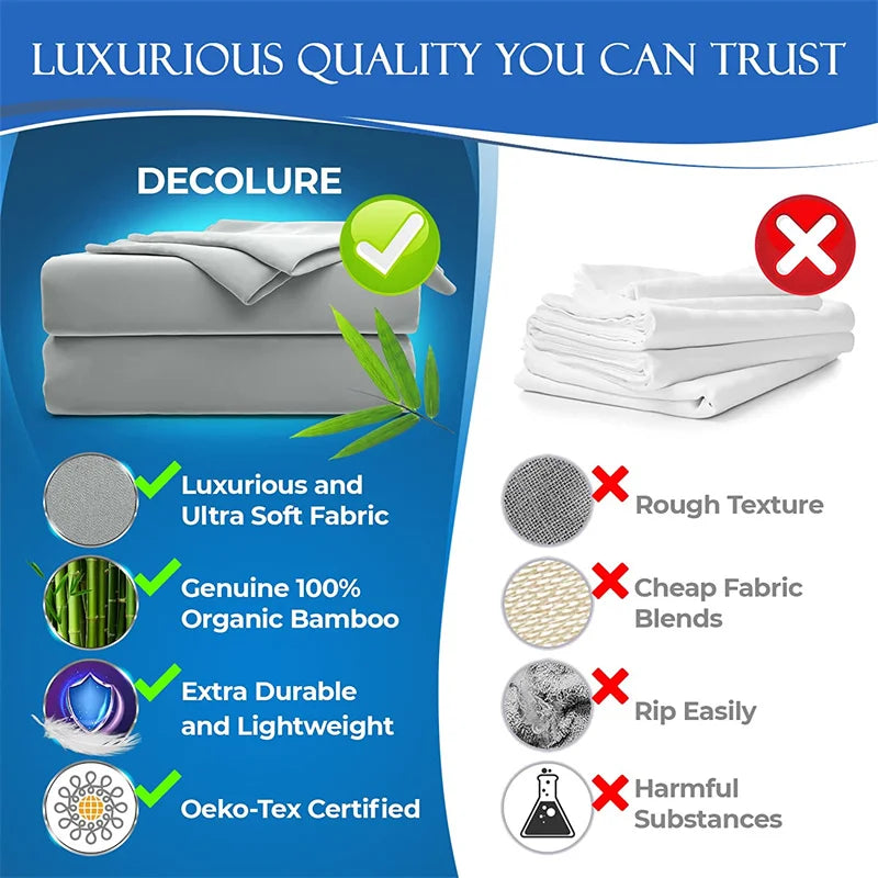 Luxury 100% Bamboo Bed Sheet Set with Fitted Sheets Flat Bedsheet Pillowcase Double Queen King Size Bedding Sets Smooth Silky LadyShow.Store