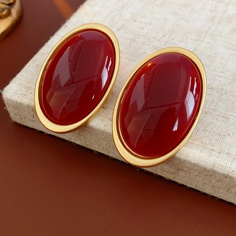 Anchor Red Geometric Oval Stud Earrings for Women Personality Versatile Resin Earrings Simple Fashion Jewelry Wholesale Gifts N1 Pi-Mart