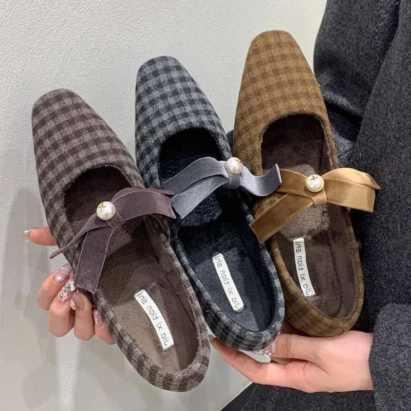 Elegant Chunky Heel Mary Jane Shoe for Women Bowknot Pearls Decoration Plaid Print Design Autumn Pumps Fashion Party Dress Heels LadyShow.Store