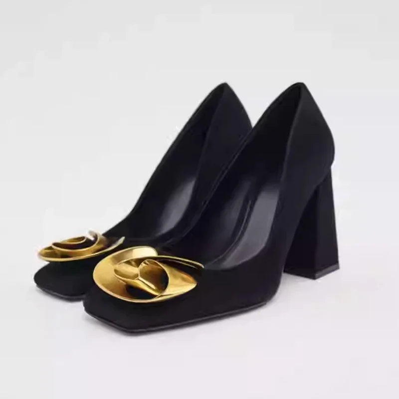 Vintage Elegant Women's Pumps Black Suede Leather Square Toe Block Heel, Gold Metal Flower Buckle Office Party Dress Shoes LadyShow.Store