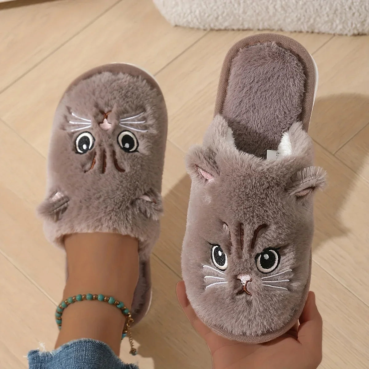 Womens Plush Cat Slippers Winter Warm Cozy Indoor House Shoes Soft EVA Sole Non-Slip Design LadyShow.Store