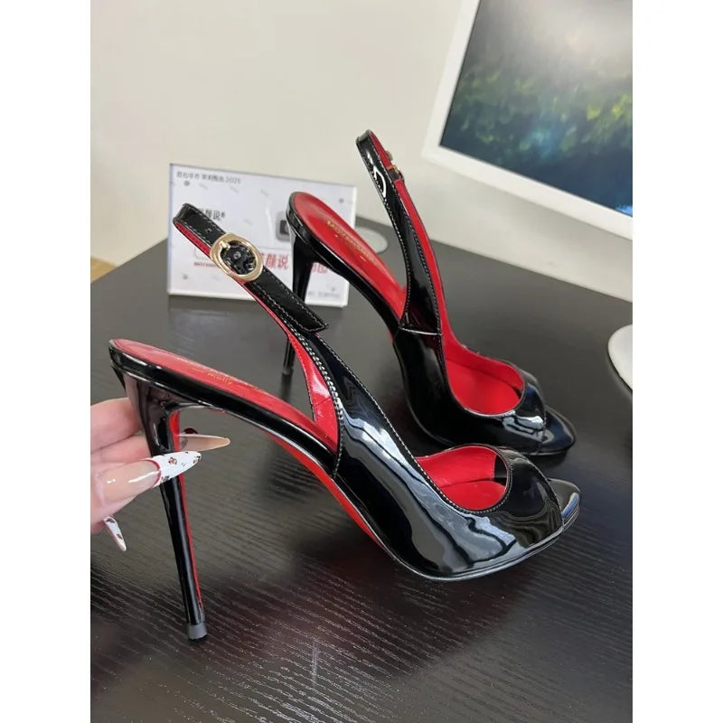Black Fish Mouth Open toed Ultra High Heels 12cm Rear Tripstrap Thin Heel European and American Sexy Women's Large Sandals Pi-Mart