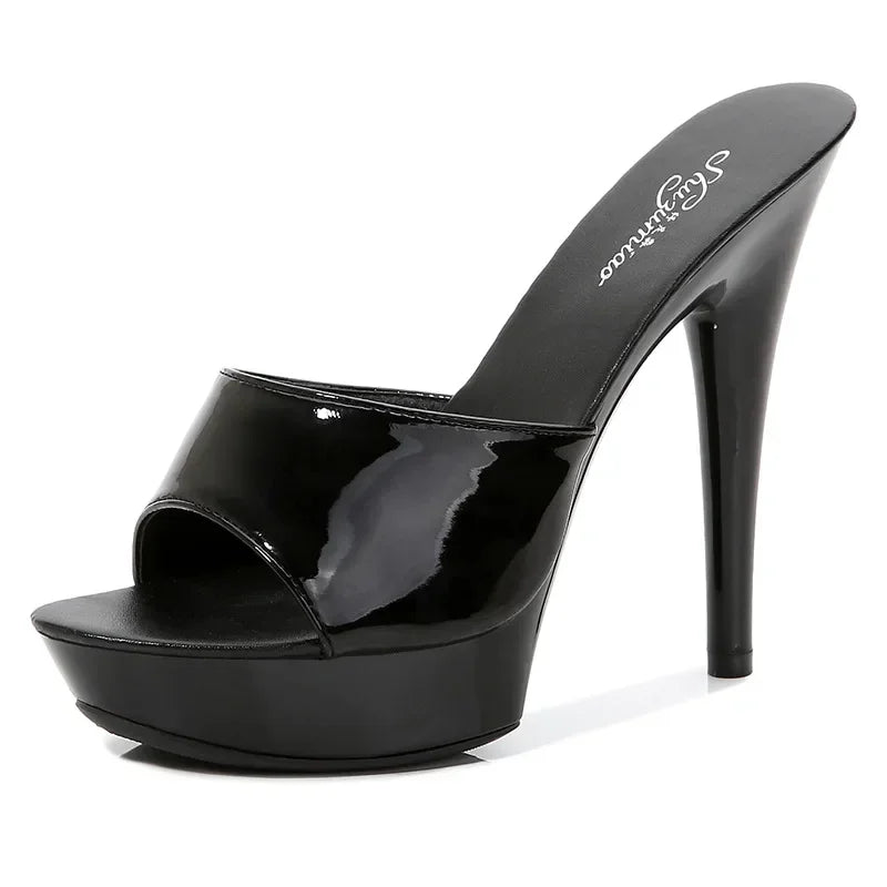 Womens Slippers Mule Patent Leather Sandals Sexy Fashion 13CM Slides Party Shoes for Woman Luxury Red Sandals Summer Comfortable LadyShow.Store