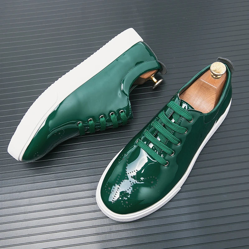 Spring Autumn Leather Shoes High Quality Patent Leather Casual Shoes Lace Up Sneakers Green Fashion Sole Designer Leather Shoes Pi-Mart