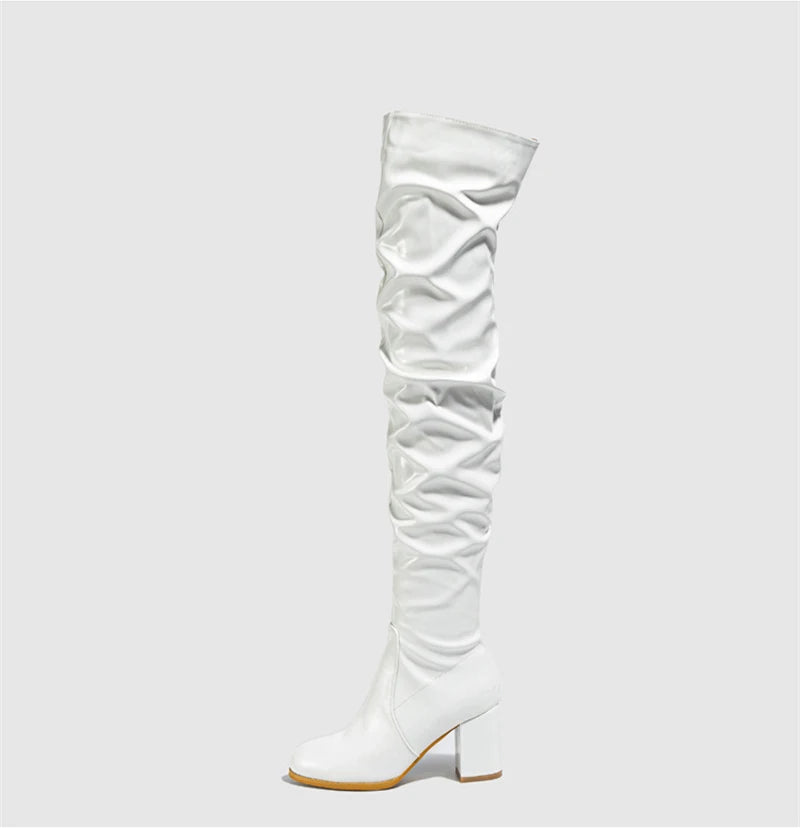 Hlieny 2026 Winter New Thigh High Boots Fashion Patent Leather Round Toe Zip Female Square Heels Pleated Design Women's Shoes Pi-Mart