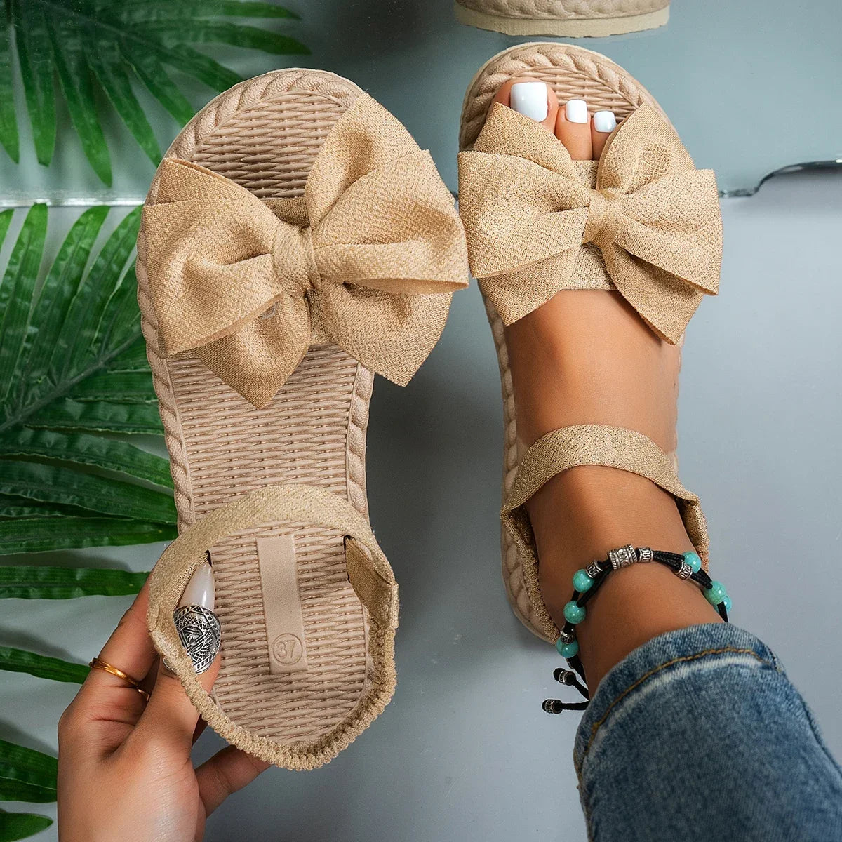 Women Sandals 2024 New Summer Lightweight Sandals Fashion Beach Casual Slippers Outdoor Bow Tie Flat Shoes Home Slides Women LadyShow.Store