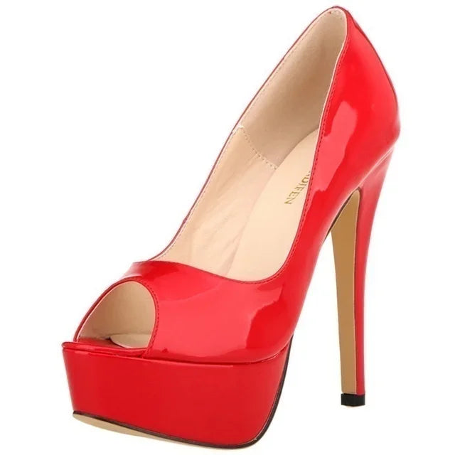 Women Pumps Sexy Platform Peep Toe 14cm Extremely Thin High Heels Stiletto Patent Leather Fashion Party Nighclub Wedding Shoes Pi-Mart