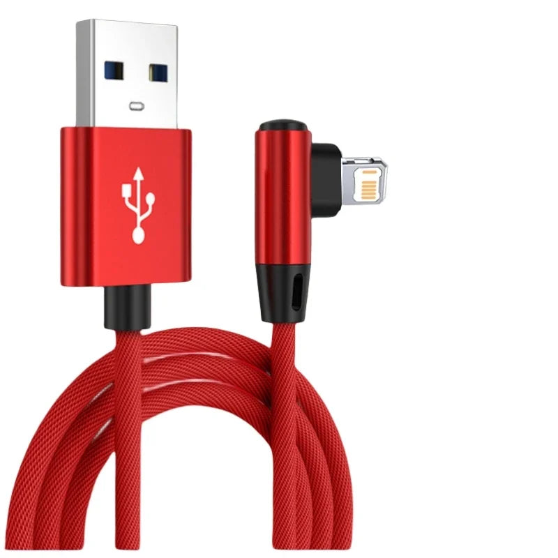90 Degree USB Cable For iPhone 14 13 12 11 Pro Max X XR 6s 7 8 Plus 2m 3m Lead Mobile Phone Fast Charging Cord Data Charger Wire Pi-Mart