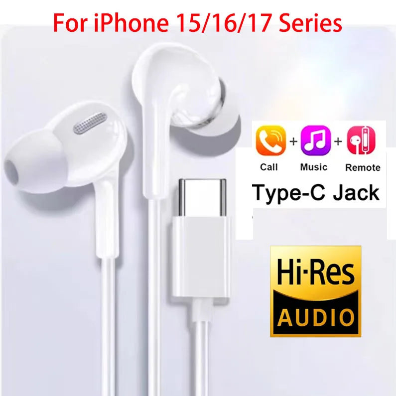 Original In-Ear Headphones For Apple iPad iPhone 15 17 14 13 12 11 16 Pro Max Plus Type C Wired Earphones Laptops Tablet Earbuds LadyShow.Store