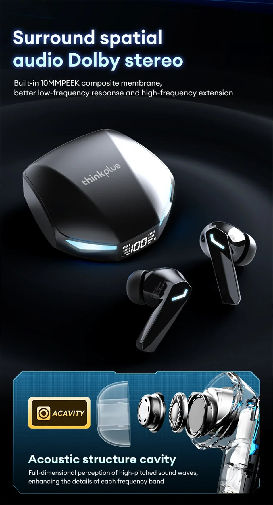 Lenovo XT53 Gaming Headset LED Digital Display Wireless Sport Earbuds HD Call Low Latency Headphones Waterproof GM2 Pro Upgraded Pi-Mart