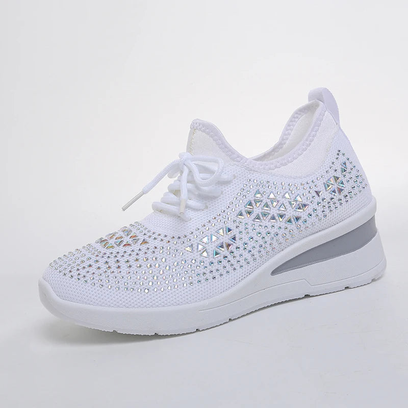 Women's Rhinestone Embellished Knit Mesh Wedge Sneakers, Adjustable Lace-Up Closure, Daily Walking Casual Footwear Pi-Mart