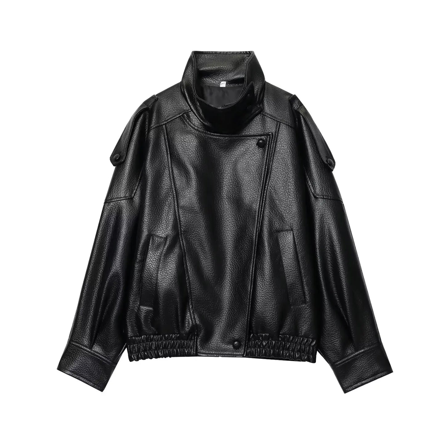 TFMLN Chic Black Faux Leather Jackets Women Long Sleeve Buttons Elastic Oversized Coats Fashion 2025 Autumn Winter Streetwear LadyShow.Store