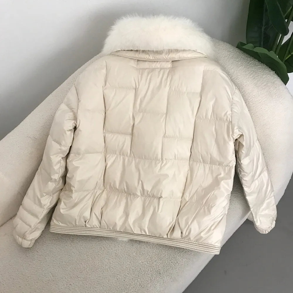 Real Fox Mink Fur Collar Coat Winter Women White Duck Down Jacket Ladies Short Warm Puffer Female Loose Vintage Parka Outerwear LadyShow.Store
