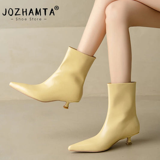 JOZHAMTA Size 34-43 Women Real Leather Ankle Boots Fashion Mid Heels Shoes For Winter Boots Pointy Office Lady Daily Dress Shoes Pi-Mart