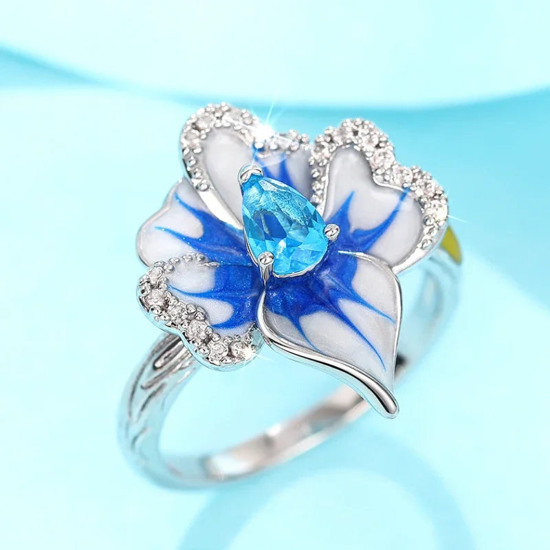 Huitan Gorgeous Creative Rings with Blue Flower Designed Elegant Temperament Party Jewelry for Women Delicate Finger Accessories Pi-Mart