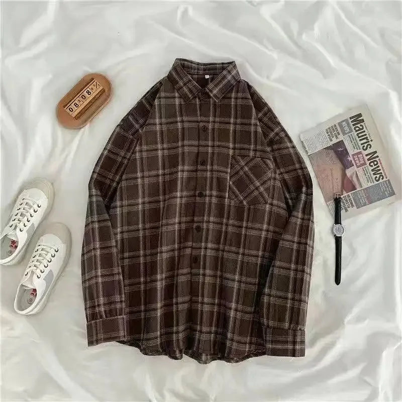Plaid shirt women long sleeve retro port taste loose size women Korean version of the spring wear student jacket LadyShow.Store