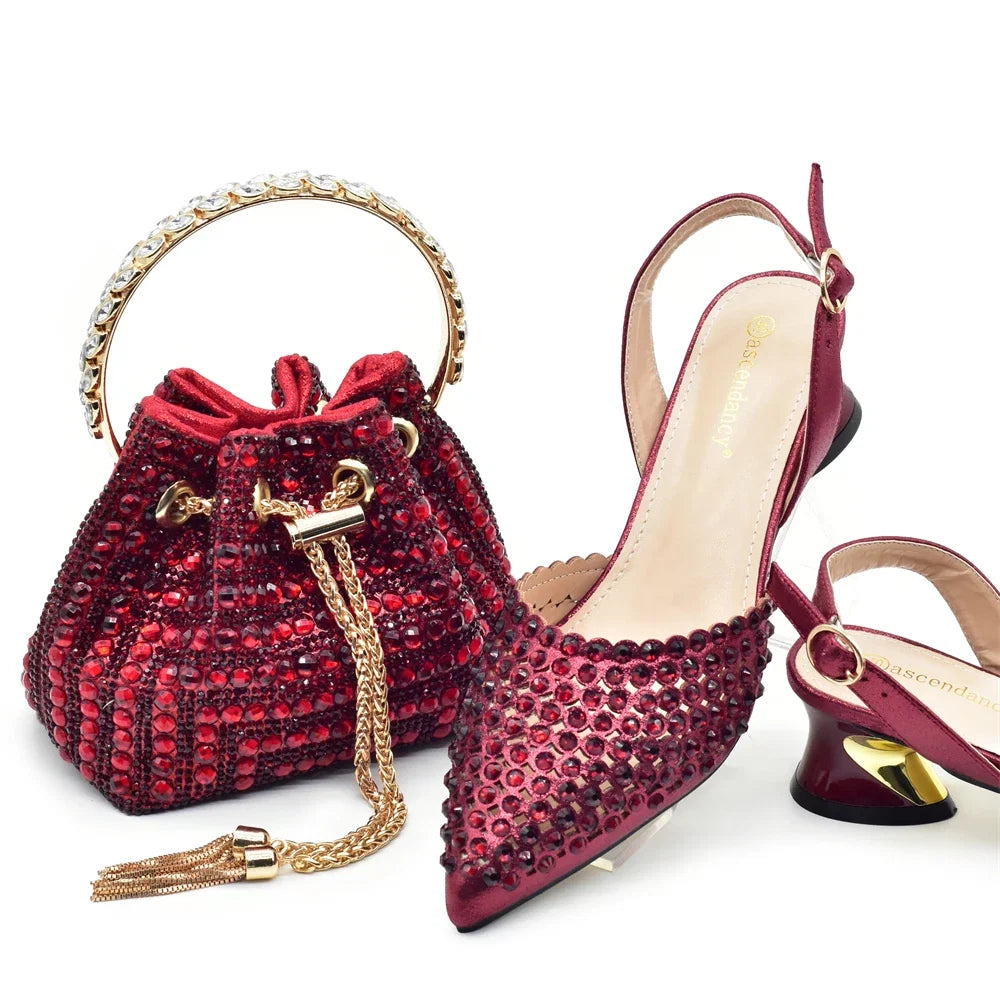 New Fashion Gold Color Shoes and Bags To Match Set Nigeria Party Women's Wedding Bag and Shoe Set Decorated with Rhinestone LadyShow.Store