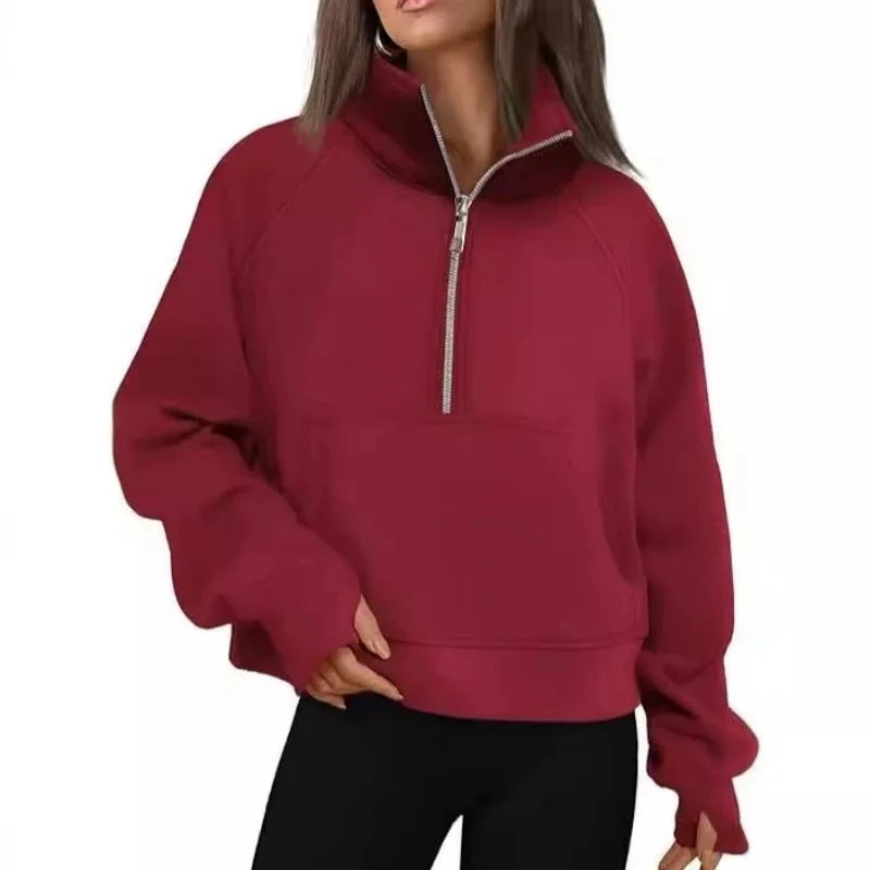 New Women's Spring Autumn Winter Stand Collar Plus Fleece Solid Color Hoodie Long Sleeve Pocket Loose Half Zip Pullover Hoodie Pi-Mart