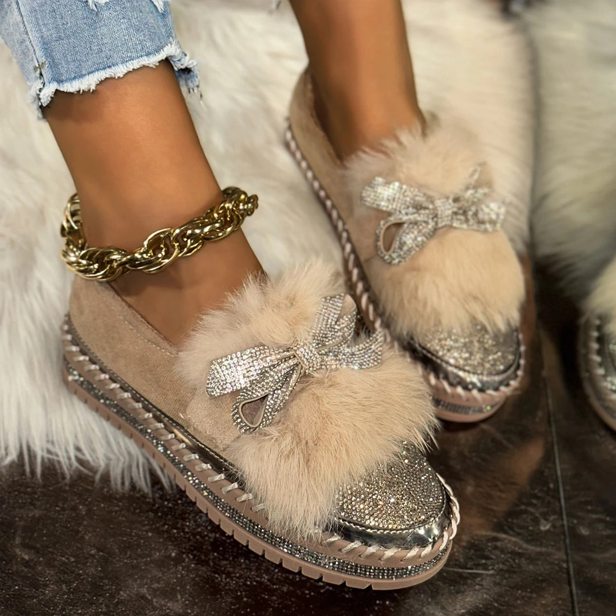 Trend Women Sneakers Furry Crystal Bow  Women Casual Shoes Flat Platform Loafers Short Plush Warm Autumn Winter Sneakers Woman Pi-Mart