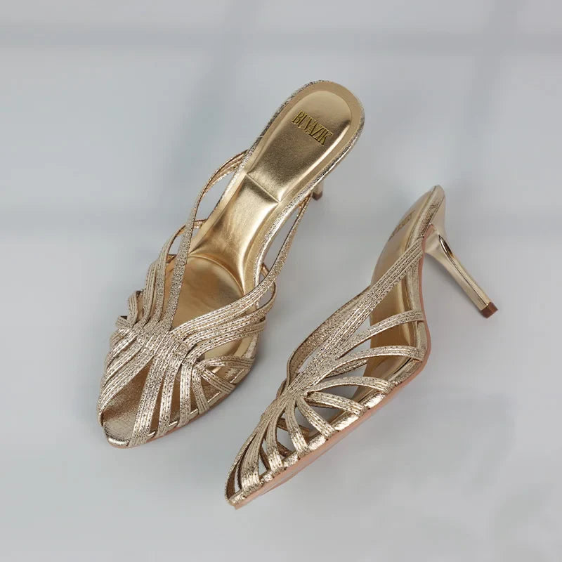 New Gold Hollow Thin Strip Heels for Women Luxury Pointed Toe Heeled Pumps Office Lady Mules Summer Stiletto Shoe Sandals 2025 LadyShow.Store