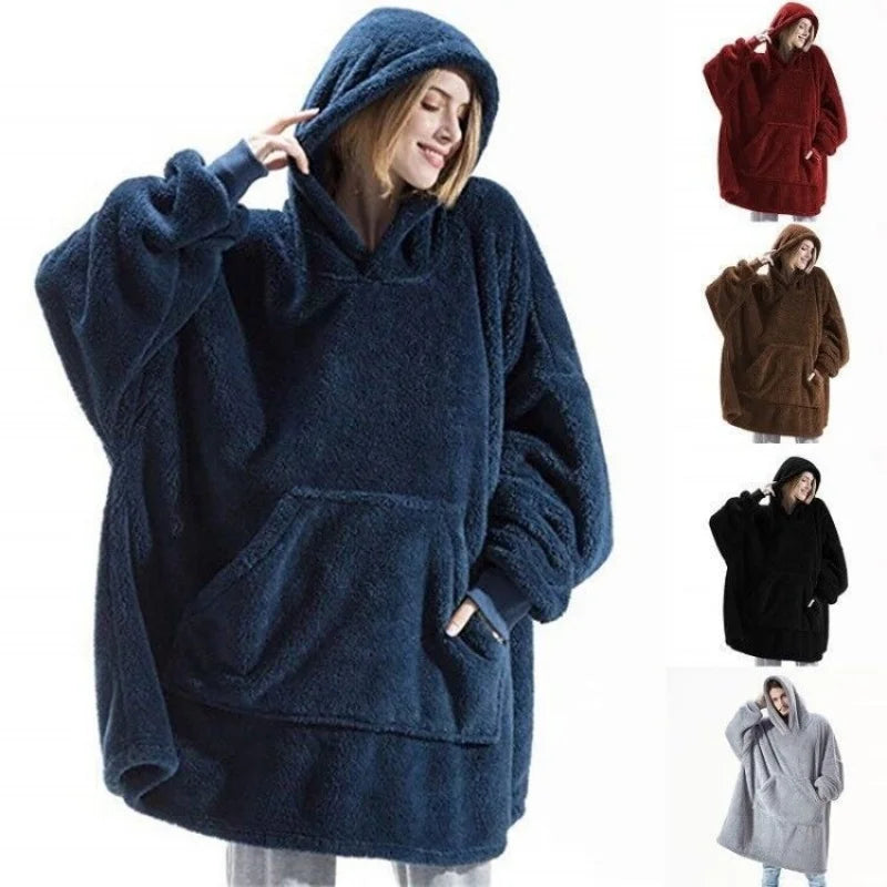 Winter Warm Unisex Double-faced Fleece Hooded Sweatshirts Casual Loose Long Thicken Pocket Pullover Batwing-sleeved Home Clothes LadyShow.Store