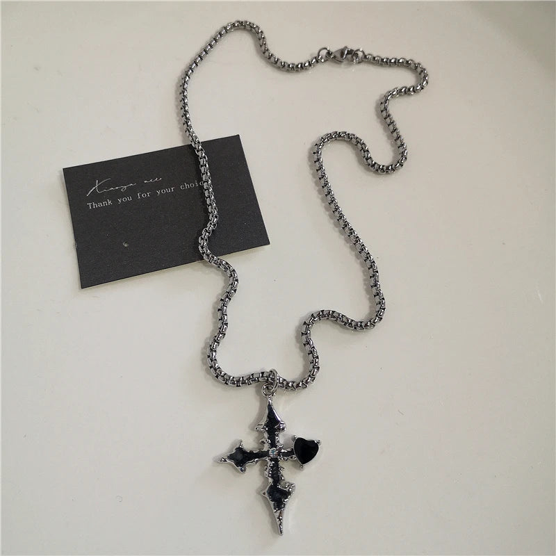 Punk Rock Black Heart Cross Pendant Chain Necklace For Men Women Cool Hip Hop Street Vintage 90s Y2K Grunge Goth Accessories Pi-Mart