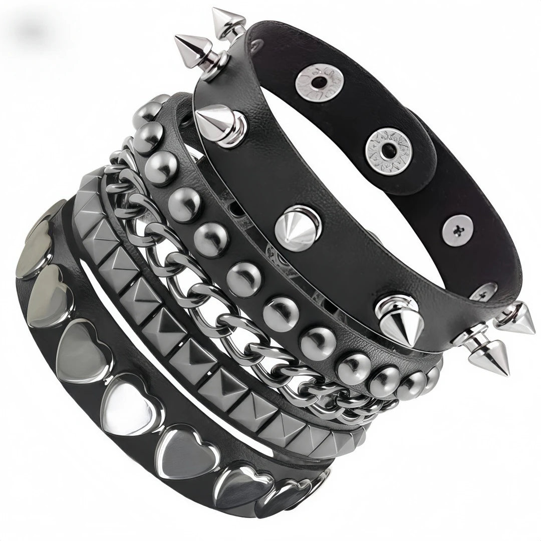 3Pcs/Set Vintage Emo Bracelets 3 Row Cuspidal Spikes Rivet Stud Wide Cuff PU Leather Punk Black Gothic Rock Unisex Accessories Pi-Mart