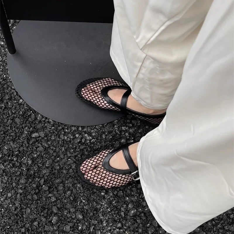 Women's Mary Jane Flats 2026 New Hollow Out Mesh Breathable Fishnet Ankle Strap Casual Summer Sandals Pi-Mart
