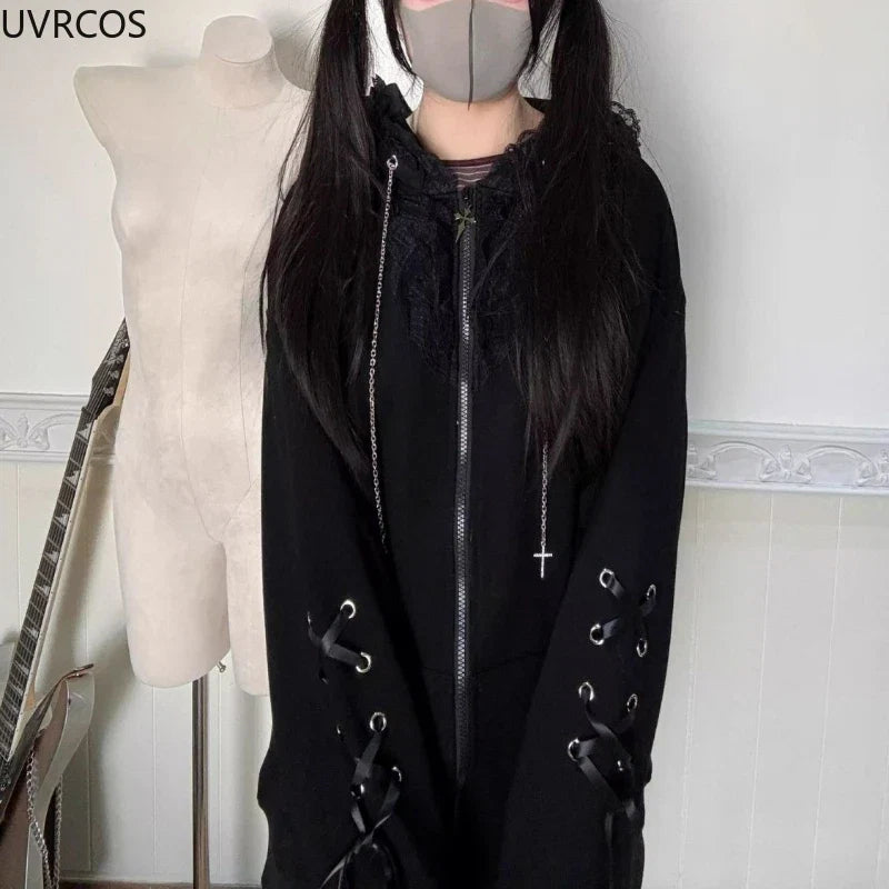 Japanese Kawaii Cat Ears Hooded Hoodies Women Y2k Aesthetic Grunge Casual Bandage Zipper Sweatshirt Fashion Trend Sportswear Top LadyShow.Store