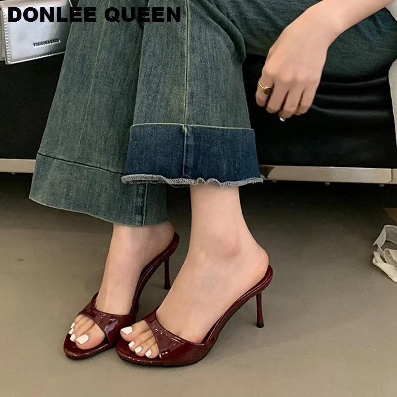 2026 Fashion Sexy Thin High Heels Slides Women Open Toe Pumps Slip Sandal Female Slippers Mule Patent Leather Outdoor Flip Flops LadyShow.Store