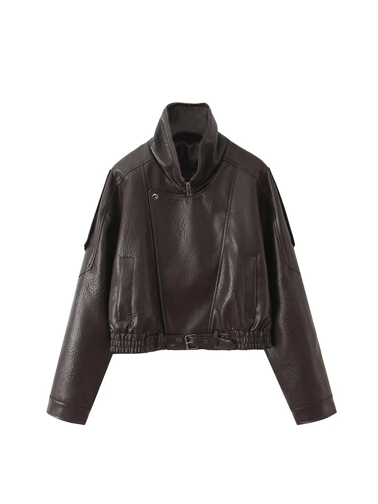 Ailegogo New Women Vintage Loose Black Short Faux Leather Jacket Streetwear Female Zipper Belt Coat Outwear LadyShow.Store