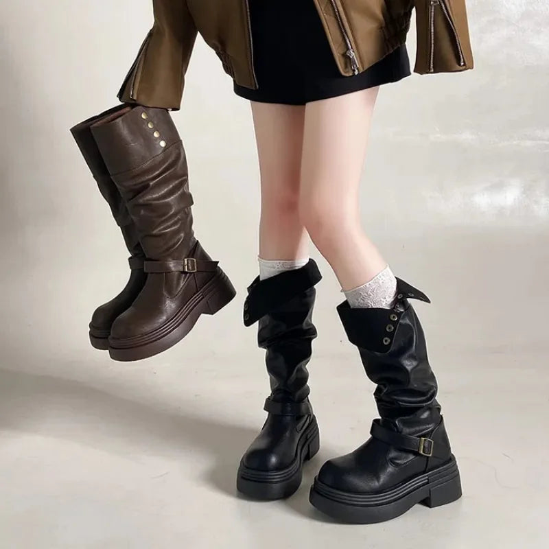Women's High Knee Boots, Chunky Platform Stacked Rider Boots, Spring/Autumn Two-Way Edgy Fold-Over Cuff Fashion Design LadyShow.Store