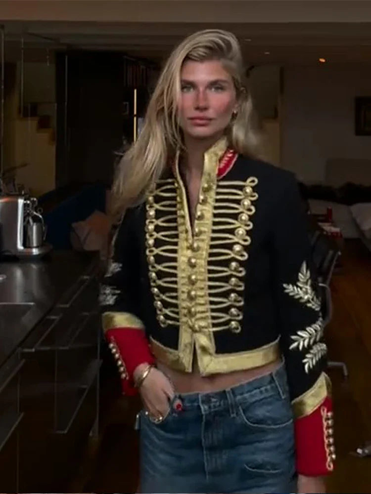 Fashion Napoleon Golden Short Jacket Women Female Stand Collar Knot Button Long Sleeve Slim Jackets 2026 Spring New Streetwear LadyShow.Store