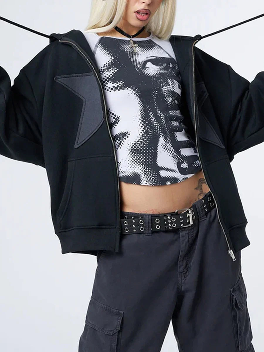 Y2K Vintage Star Print Hooded Hoodie for Women Casual Loose Long Sleeve Zip Up Drawstring Sweatshirts Autumn Spring Coat Street LadyShow.Store