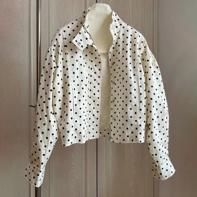 TARUXY Fashion Polka Dot Print Jacket Coat Women's Stand Collar Long Sleeved Workwear Coat Ins Hot Short Casual Female Jackets LadyShow.Store