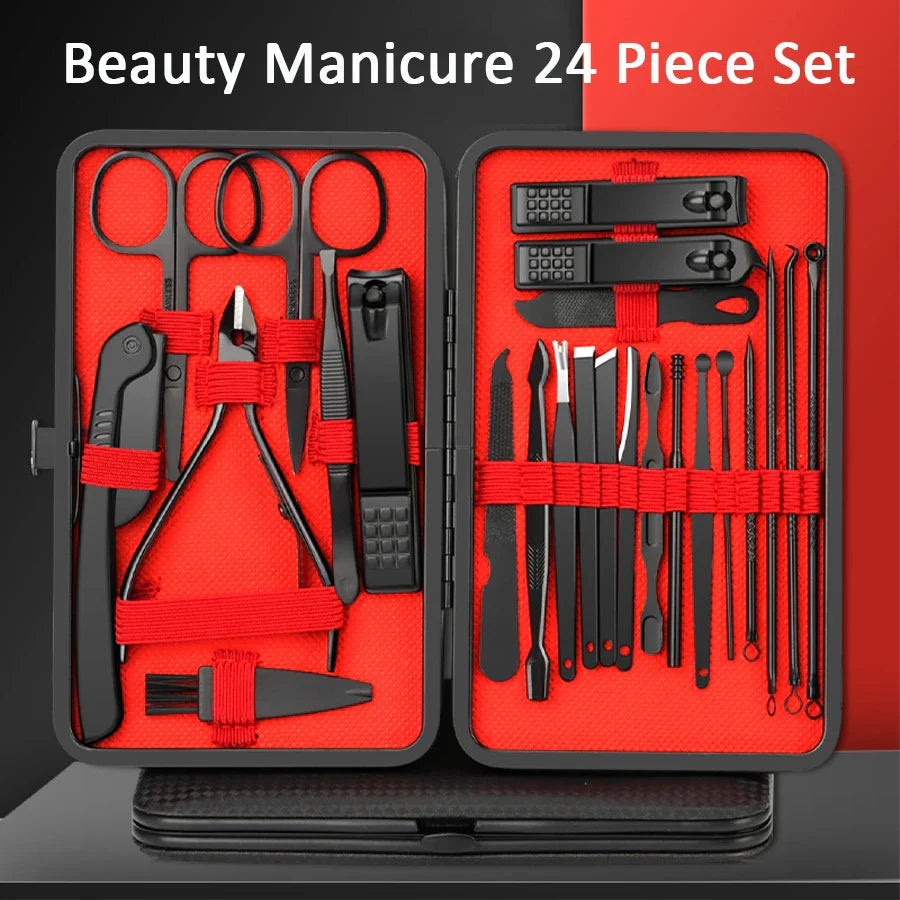 7/10/12/18/20/24PCS Set Professional Manicure Set Kits Stainless Steel Fingernail Toenail Clippers Set with Leather Portable Tri Light Beauty