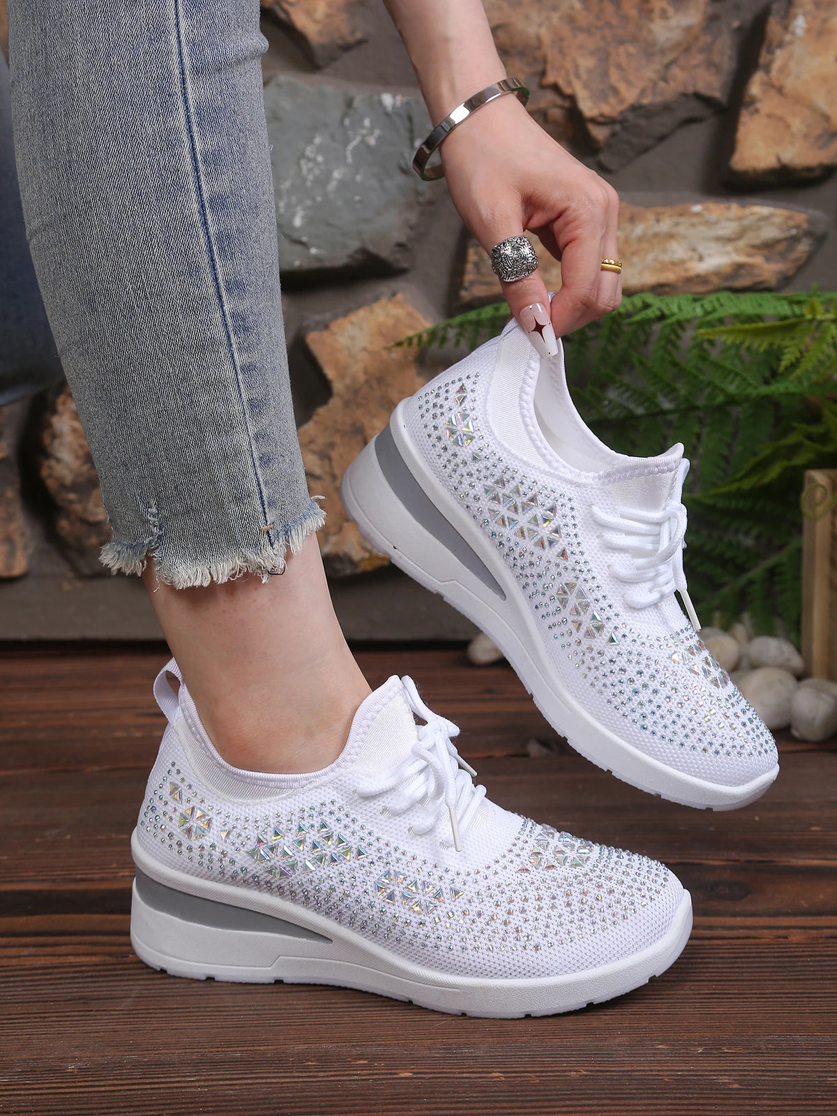 Women's Rhinestone Embellished Knit Mesh Wedge Sneakers, Adjustable Lace-Up Closure, Daily Walking Casual Footwear Pi-Mart