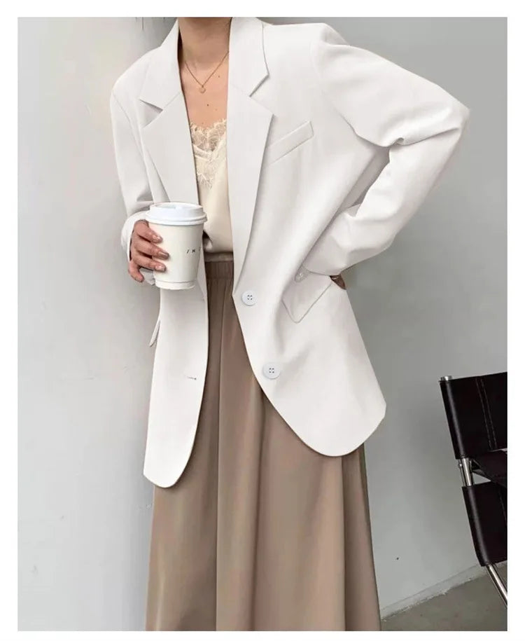 Mid Length Blazer Jacket Women Solid Long Sleeve Pocket Lapel Single Beasted Formal Coat Outerwear Loose Work Casual Blazers Pi-Mart