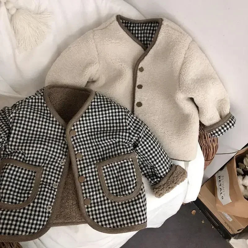 HoneyCherry Autumn and Winter New Warm Jacket Children Two Sides Wear Plaid Plush Jacket Kids Jackets Pi-Mart